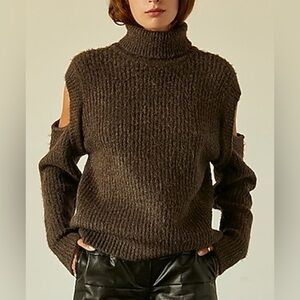 Crescent Dark Brown Turtleneck Cold-Shoulder Sweater